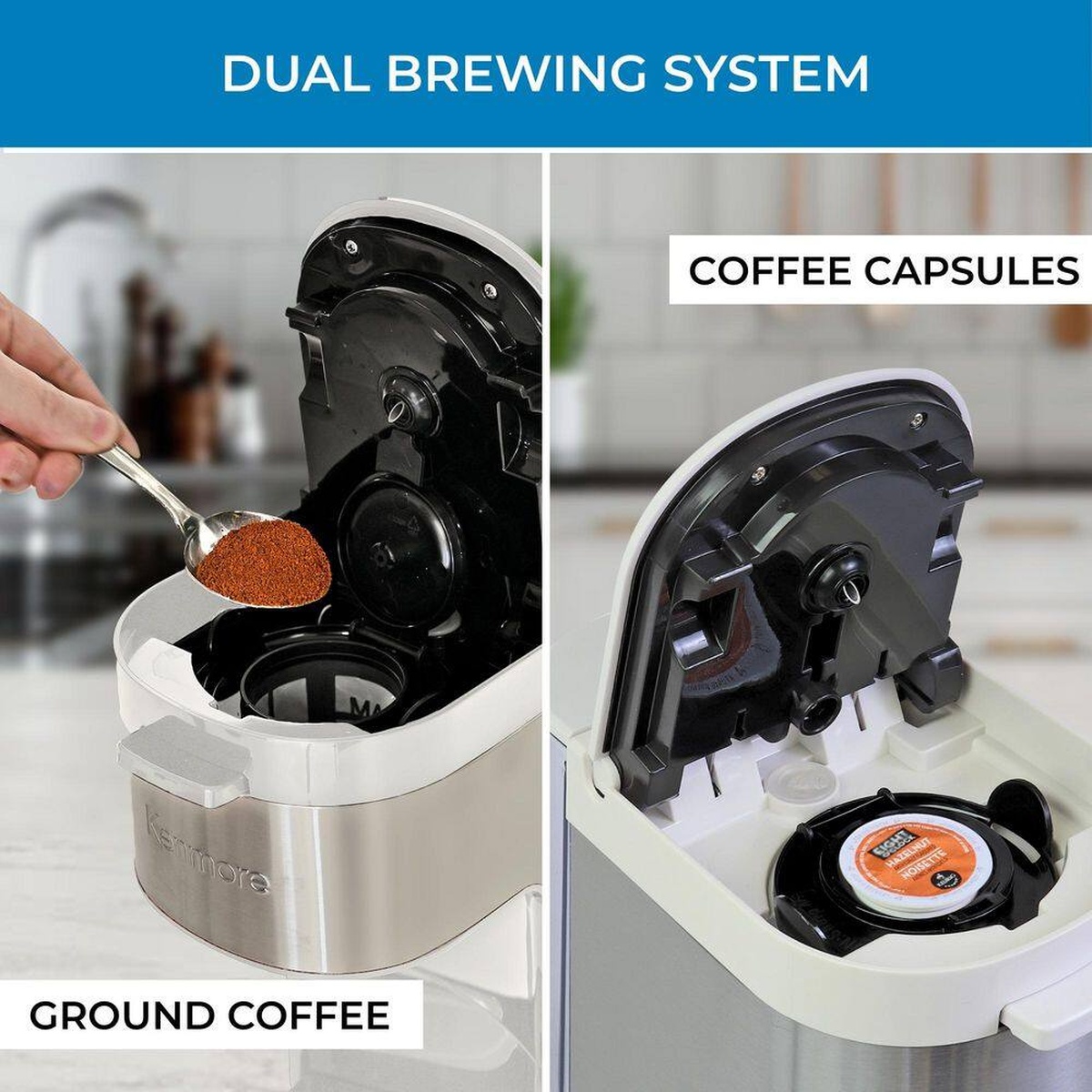 Open-top view of the Kenmore single-serve coffee maker showing ground coffee on one side and a coffee capsule on the other