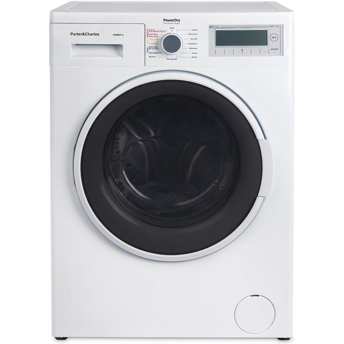 Front view of a white Porter & Charles front-load all-in-one washer dryer with a large door, control dial, and LCD display