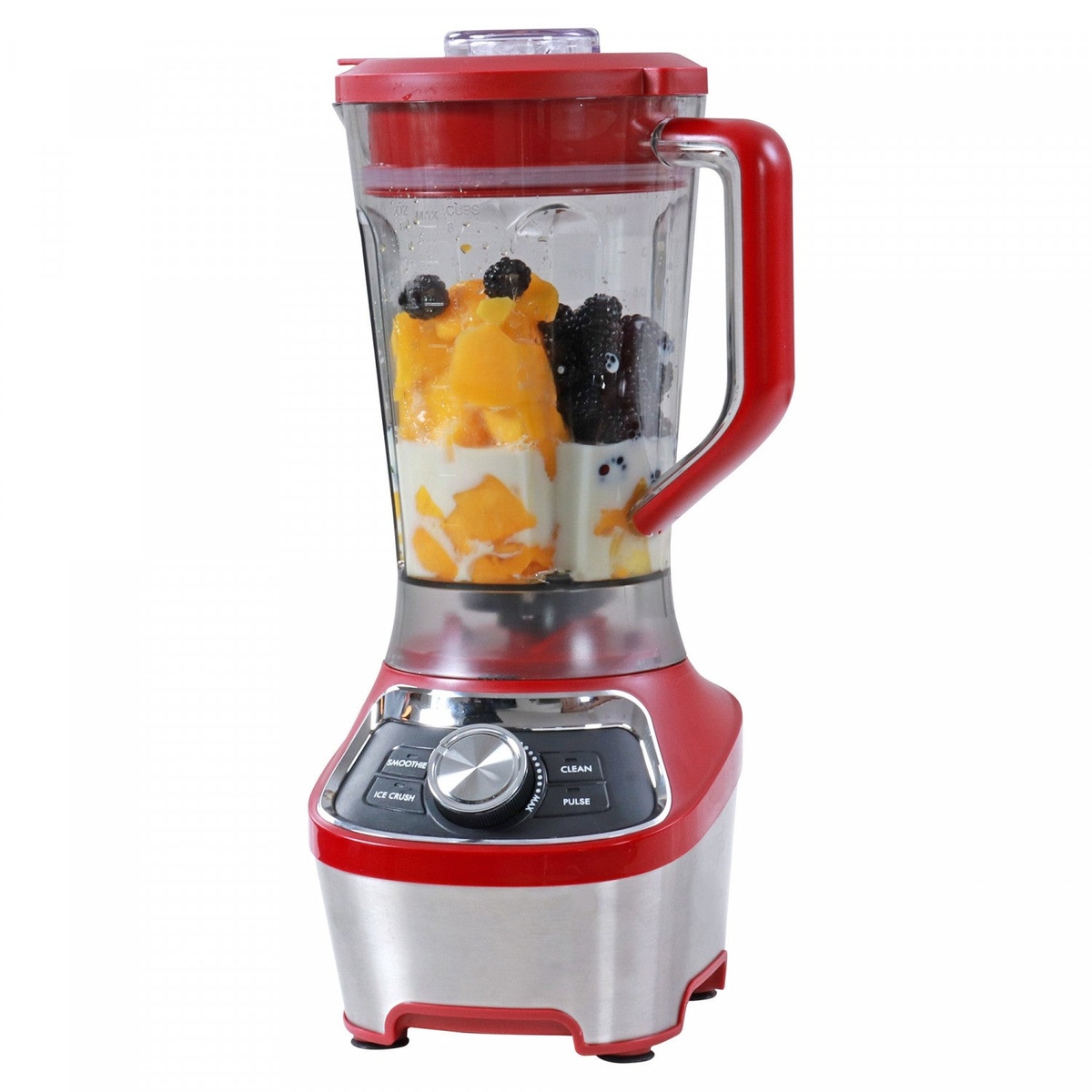 Kenmore red stand blender with pitcher filled with fruit and visible control dial and buttons