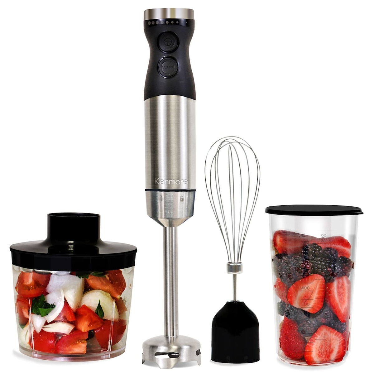 Kenmore immersion hand blender set with stainless steel blending shaft, whisk attachment, food chopper bowl, and clear blending cup with fruit