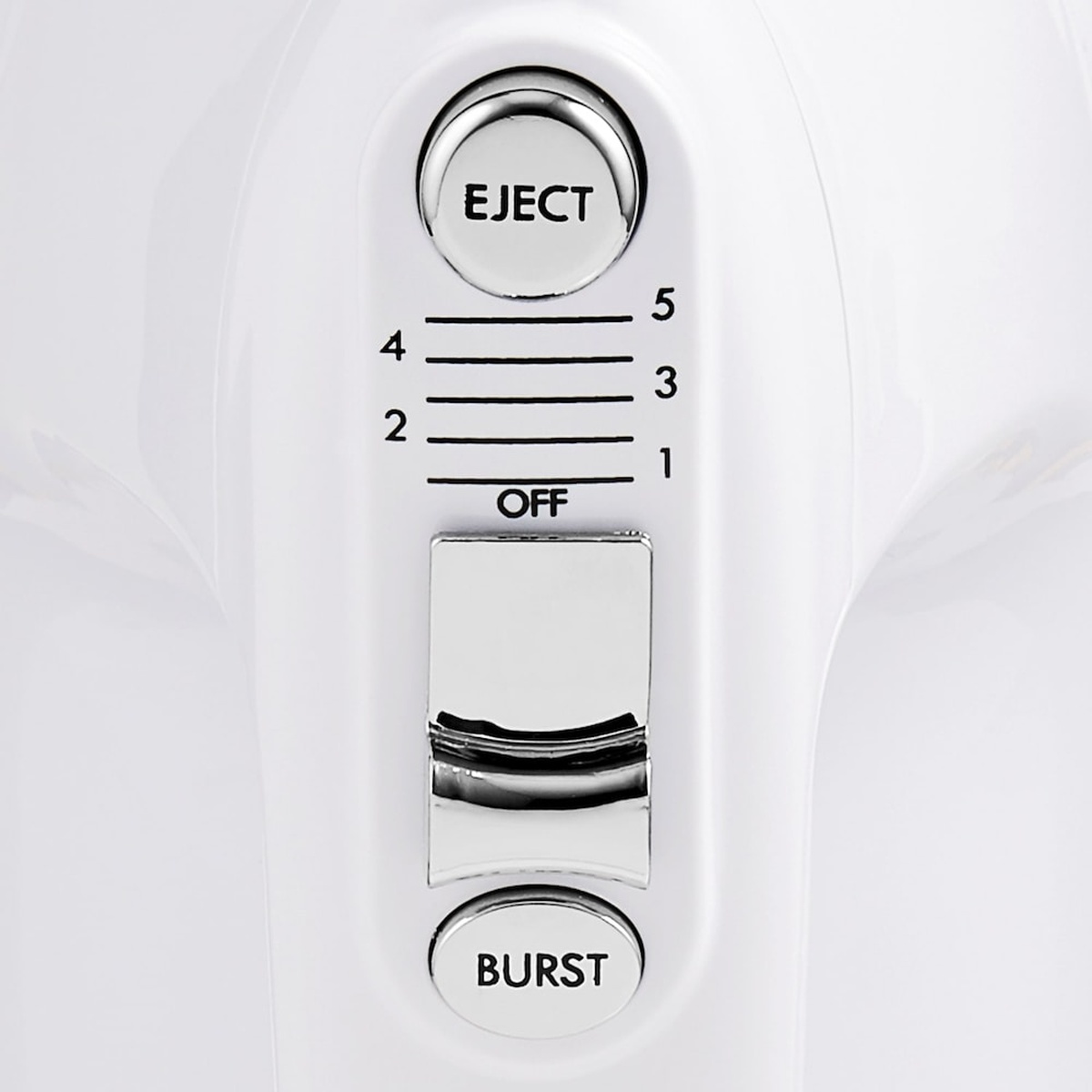 Close-up of the hand mixer control panel showing Eject button, 1 to 5 speed markings, and Burst button