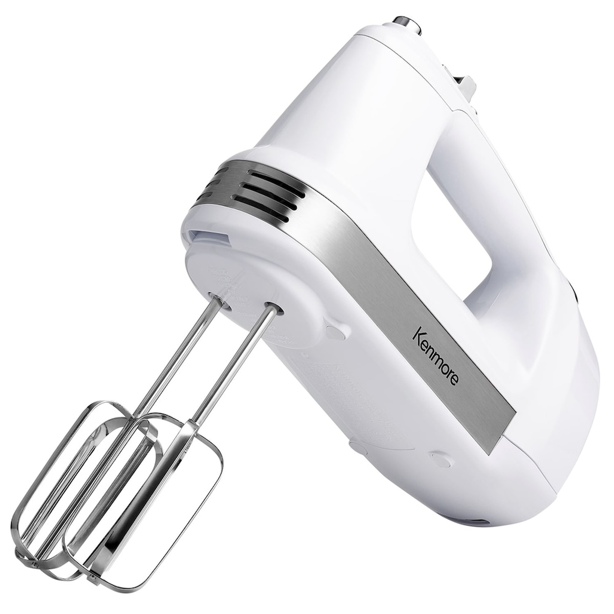 Kenmore white hand mixer with stainless-look accent and attached beaters