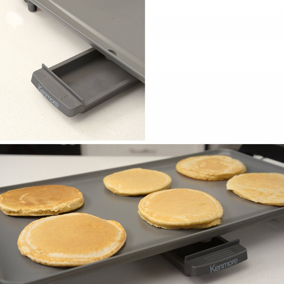 Close-up of the Kenmore griddle cooking surface with pancakes and a slide-out grease tray