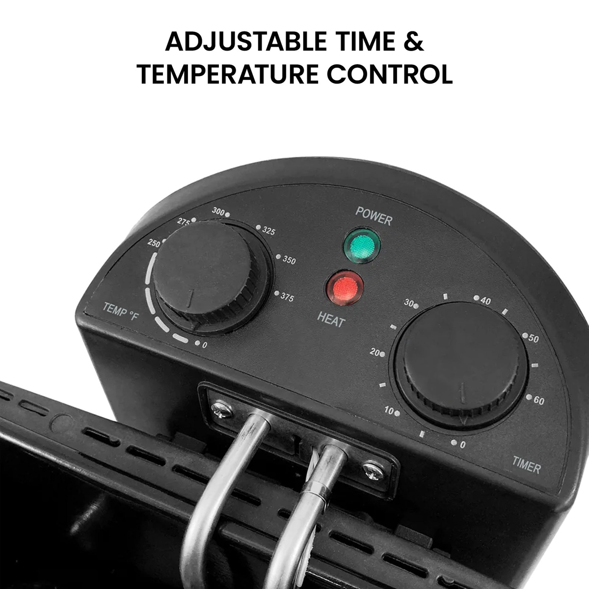 Close-up of the Kenmore deep fryer control panel with temperature and timer dials and power and heat indicator lights