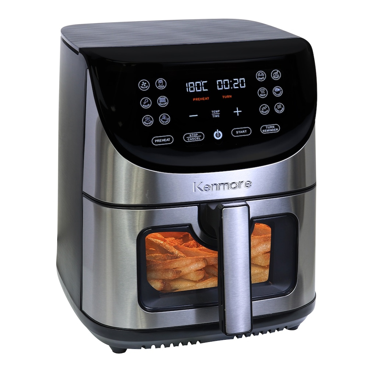 Front view of a Kenmore stainless-steel air fryer with illuminated digital touch controls and a viewing window