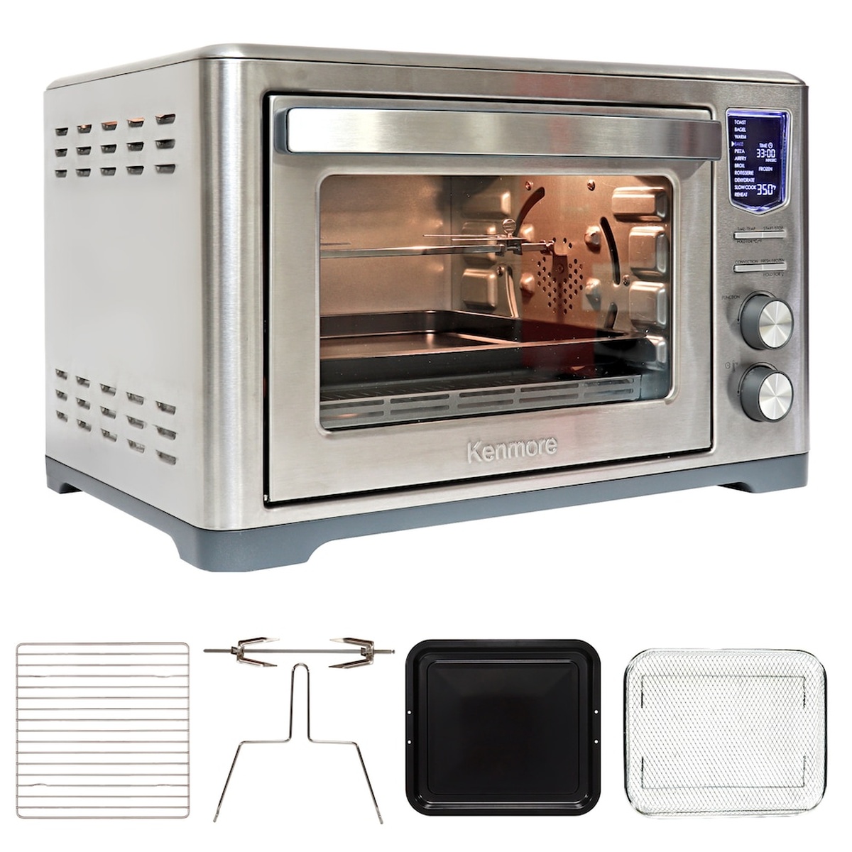 Kenmore stainless steel digital air fryer toaster oven with glass door, side vents, and included cooking accessories shown below
