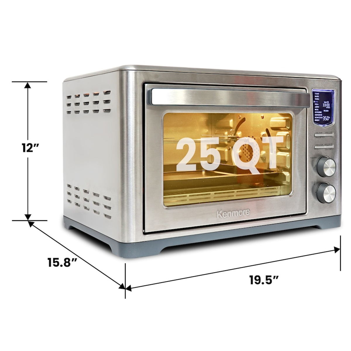 Kenmore stainless steel digital air fryer toaster oven shown with 25 qt capacity callout and dimension arrows