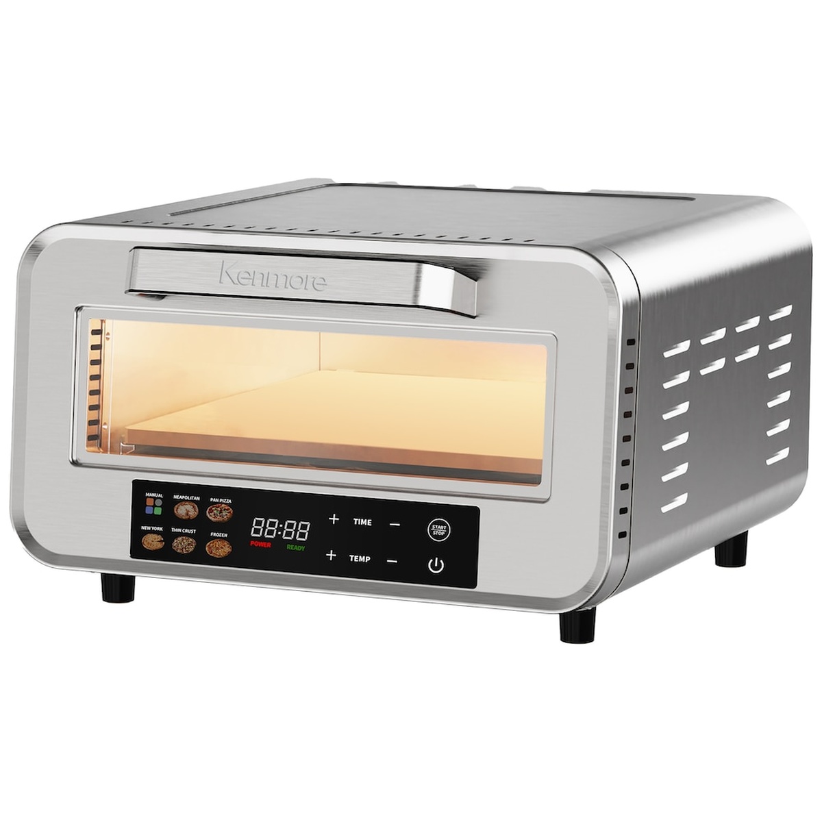 Kenmore stainless steel indoor electric pizza oven with front viewing window and touchscreen control panel
