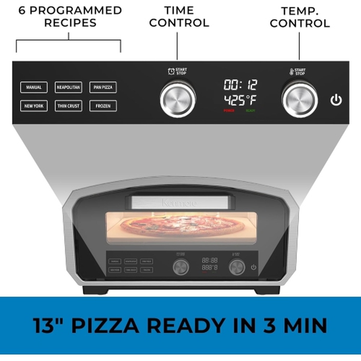 Top view of the Kenmore electric pizza oven showing one-touch recipe buttons, time control, and temperature control with digital display