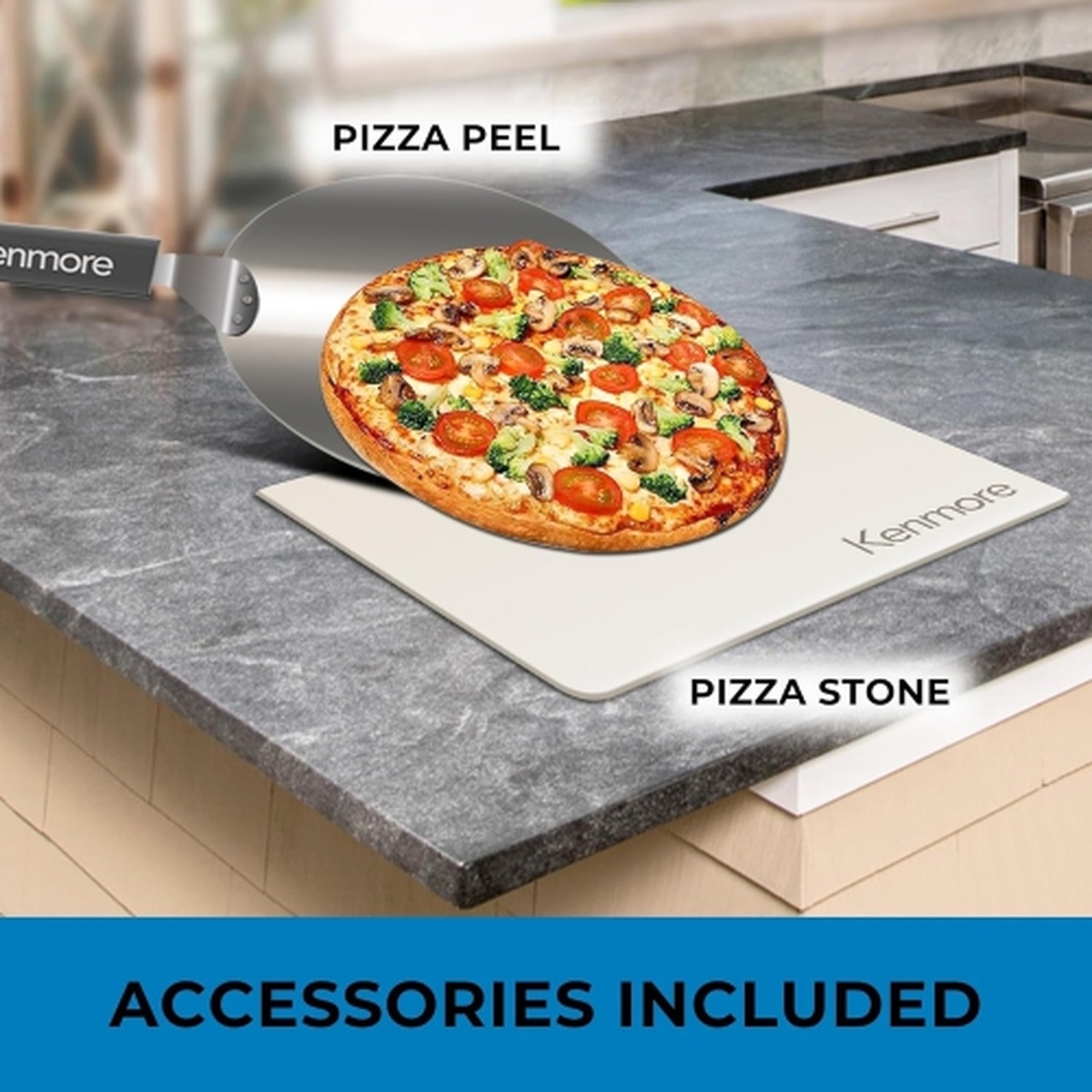 Pizza stone and pizza peel accessories shown on a countertop