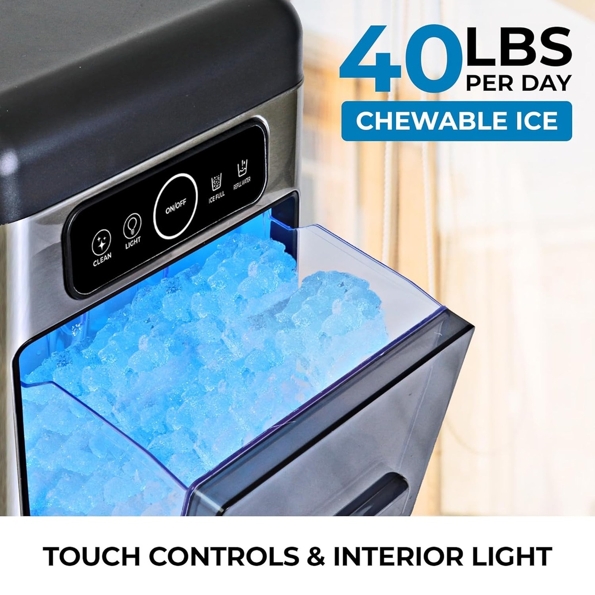 Close-up of the Kenmore nugget ice maker showing the front-access ice bin, touch controls, and illuminated interior