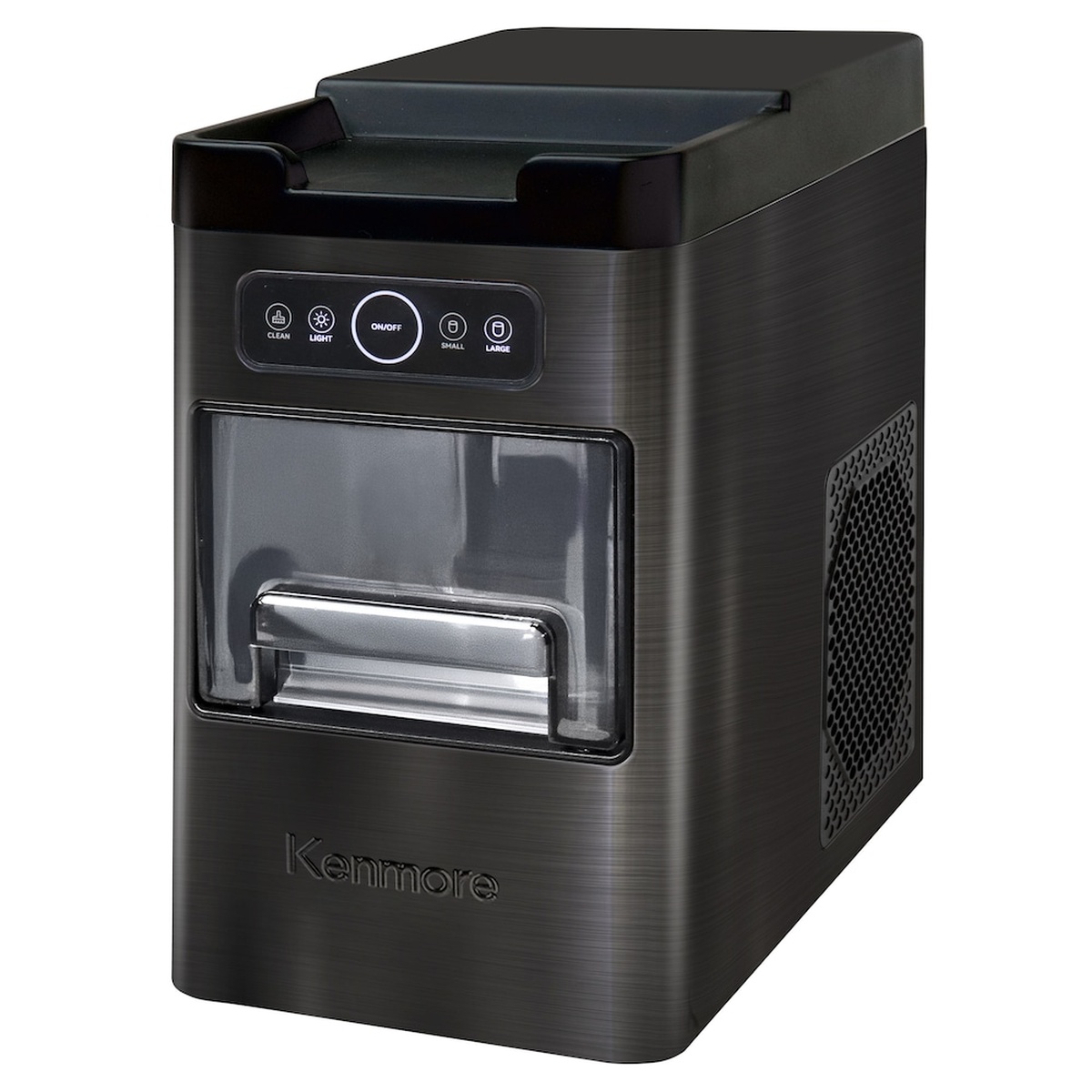 Kenmore front-load countertop ice maker in black stainless steel with a front pull-out drawer and LED touch control panel