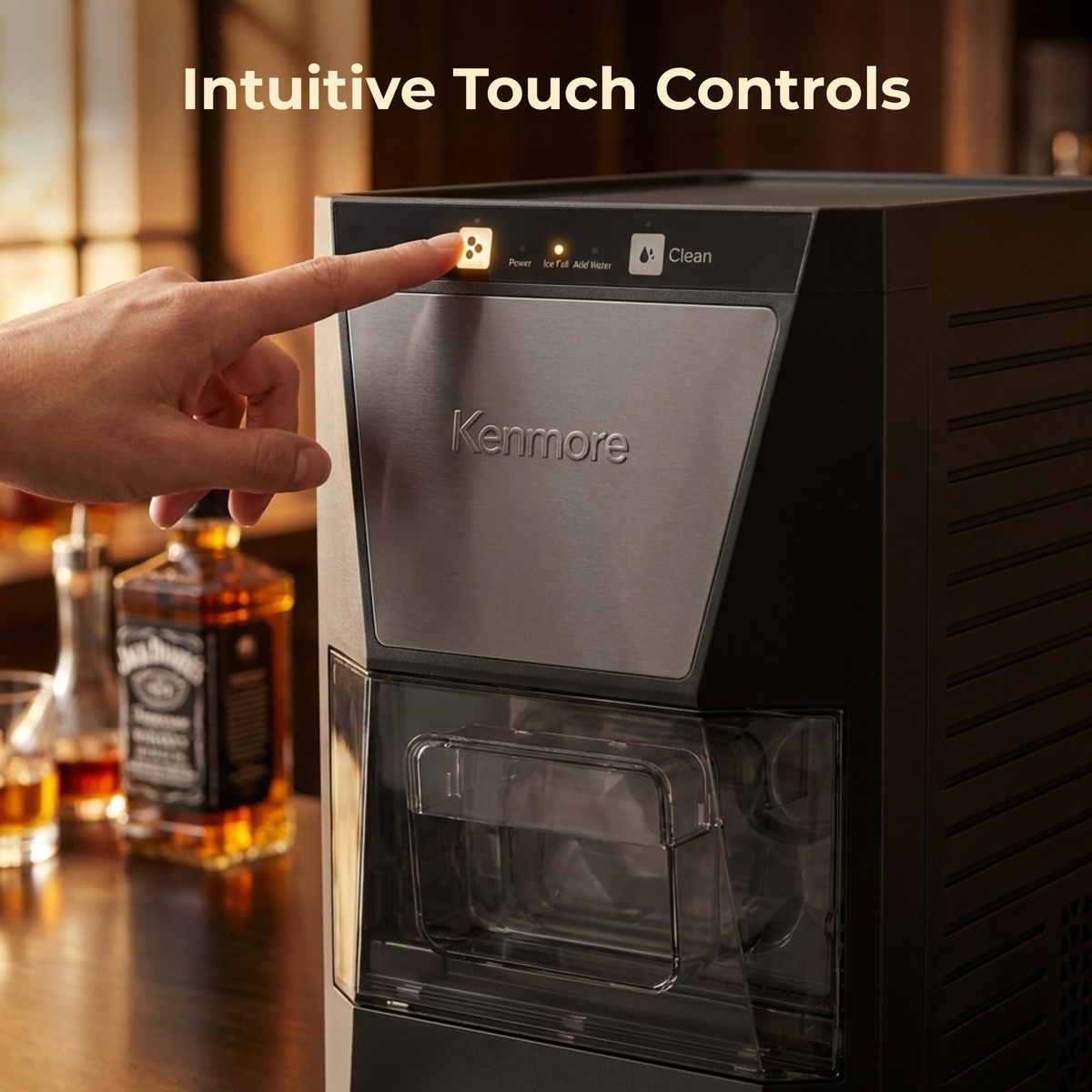 Hand using the Kenmore ice maker touch control panel on the top front of the unit