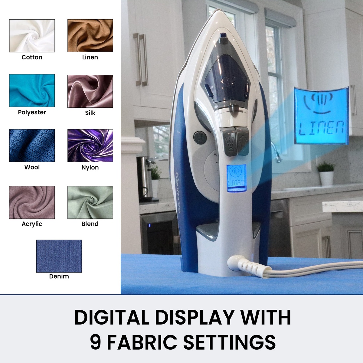 Kenmore steam iron standing upright on an ironing board with a digital display showing a fabric setting and icons for multiple fabric presets