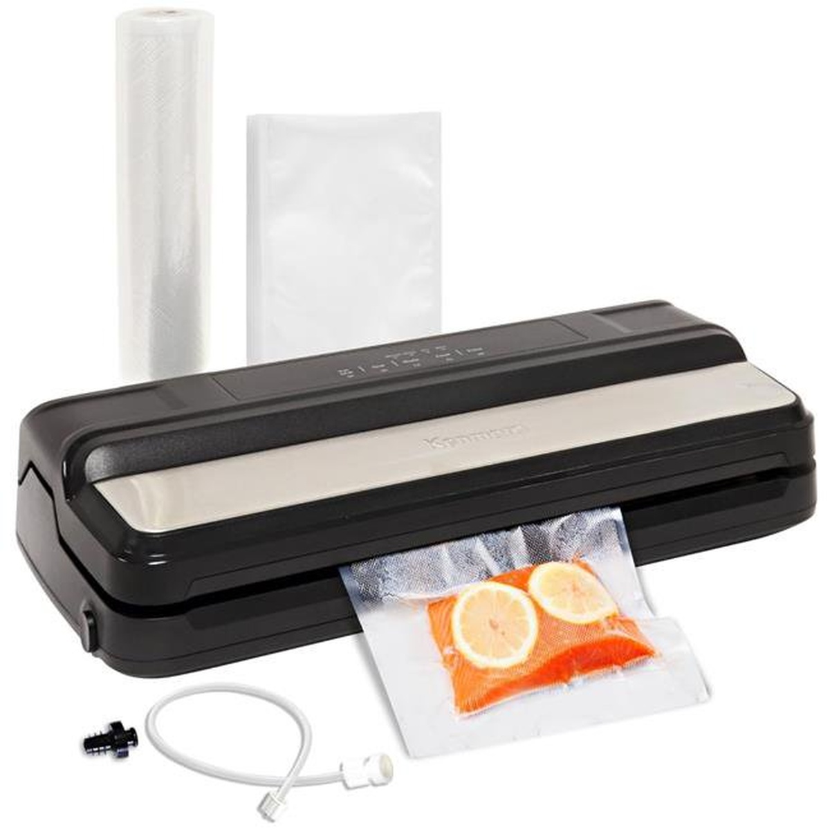 Kenmore KKFSD vacuum sealer machine shown with a bag roll, a spare bag, a vacuum-sealed bag of food, and an external hose accessory