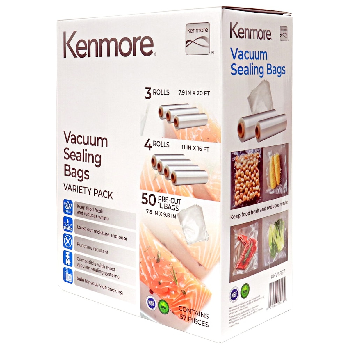 Kenmore vacuum sealing bags variety pack retail box showing 57 pieces with rolls and pre-cut bags