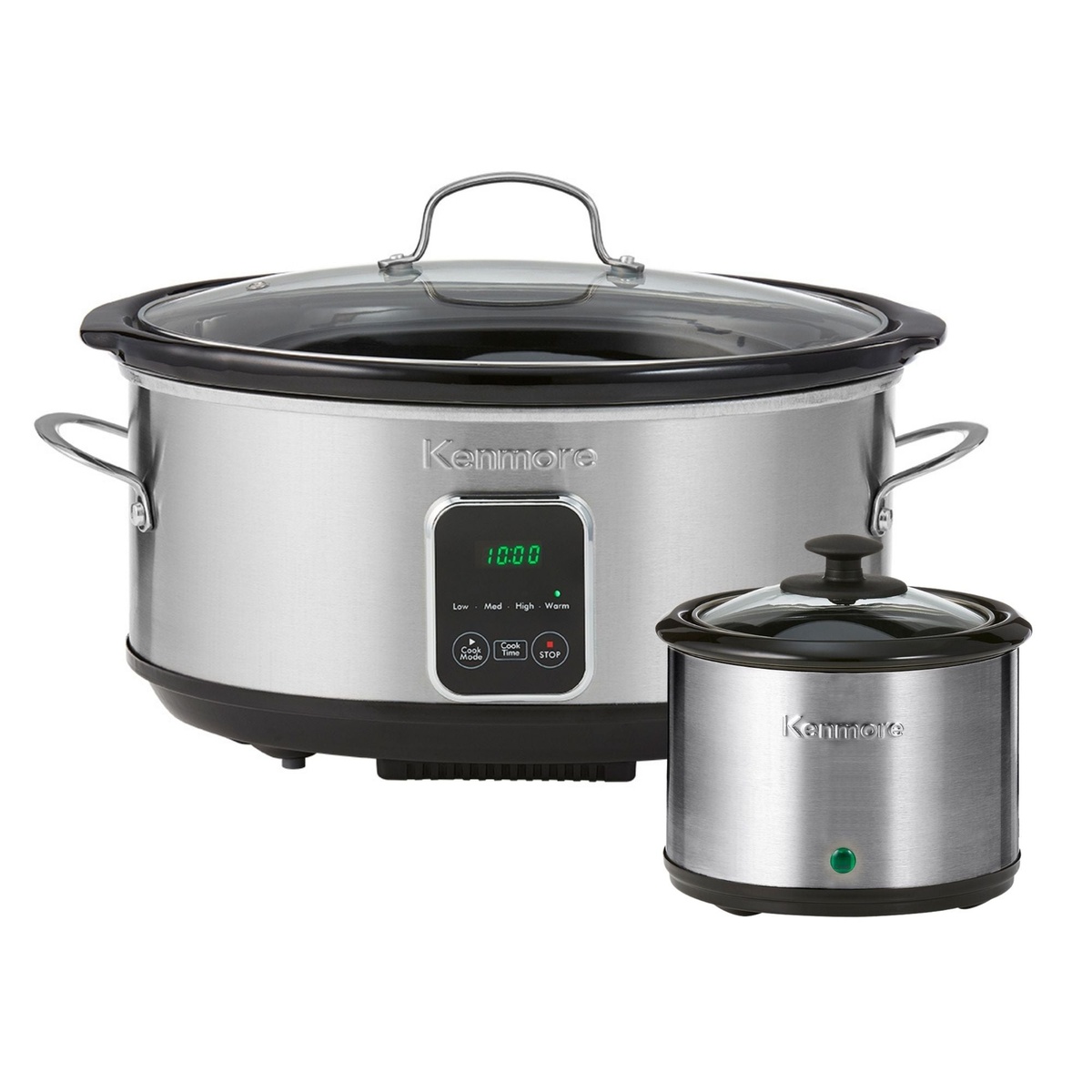 Kenmore stainless and black 7-quart slow cooker with digital control panel and matching dip warmer