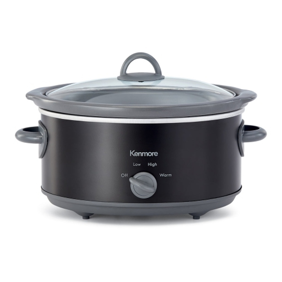 Front view of a Kenmore black and gray slow cooker with a glass lid and a dial labeled Off, Low, High, and Warm