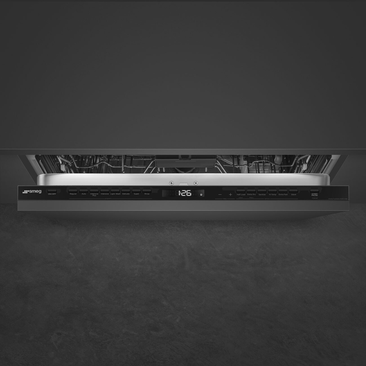 Top-edge electronic control panel with LED display on the Smeg DW8600 dishwasher