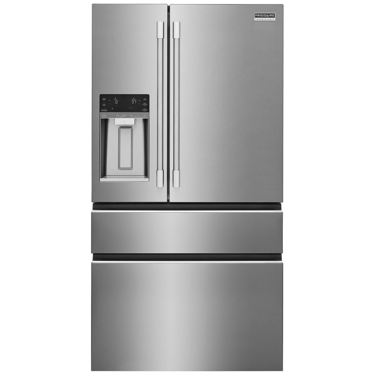 Front view of a four-door French door refrigerator with an external ice and water dispenser on the left door