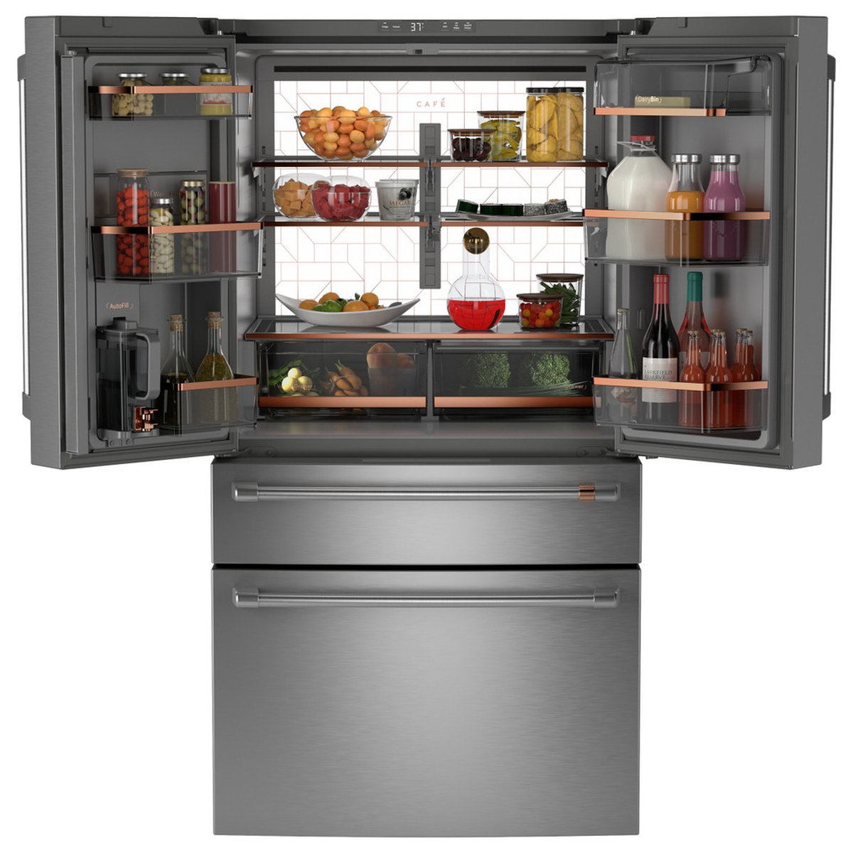 Café 4-door counter-depth refrigerator open, showing LED back wall, glass shelving, door bins, and internal water pitcher area