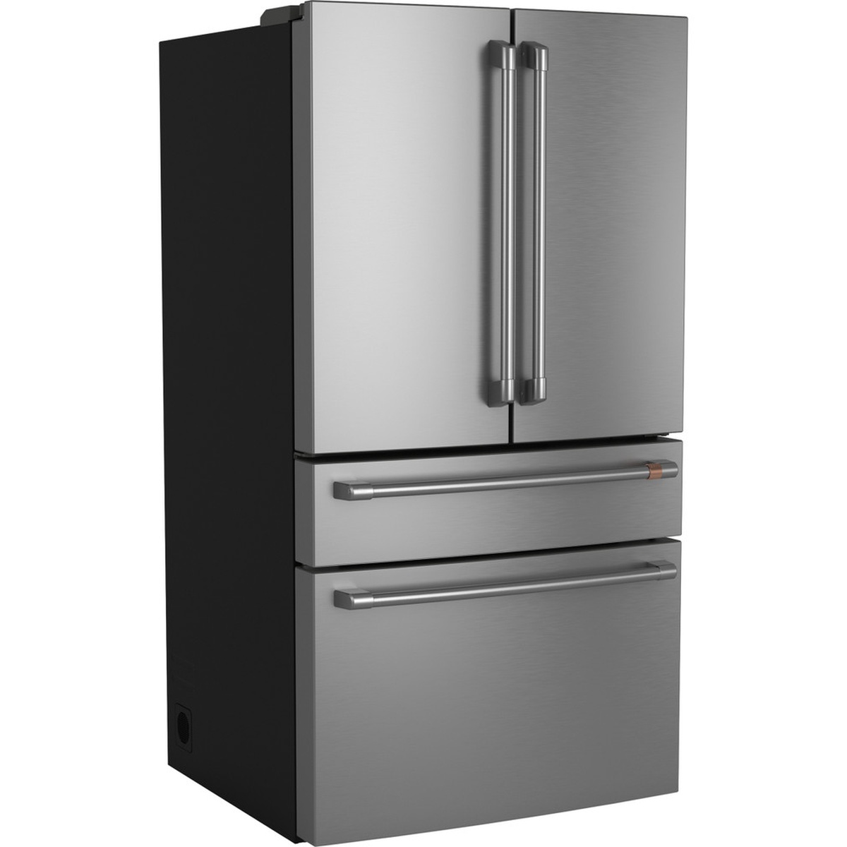 Angled view of the Café stainless steel 4-door counter-depth refrigerator with long vertical handles and two lower drawers
