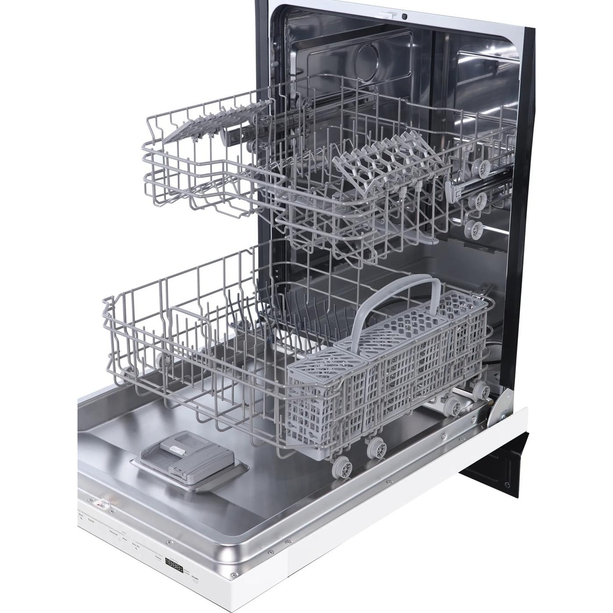 Interior view of the FDHP4336AW showing upper and lower wire racks, cutlery basket, and stainless steel tub floor