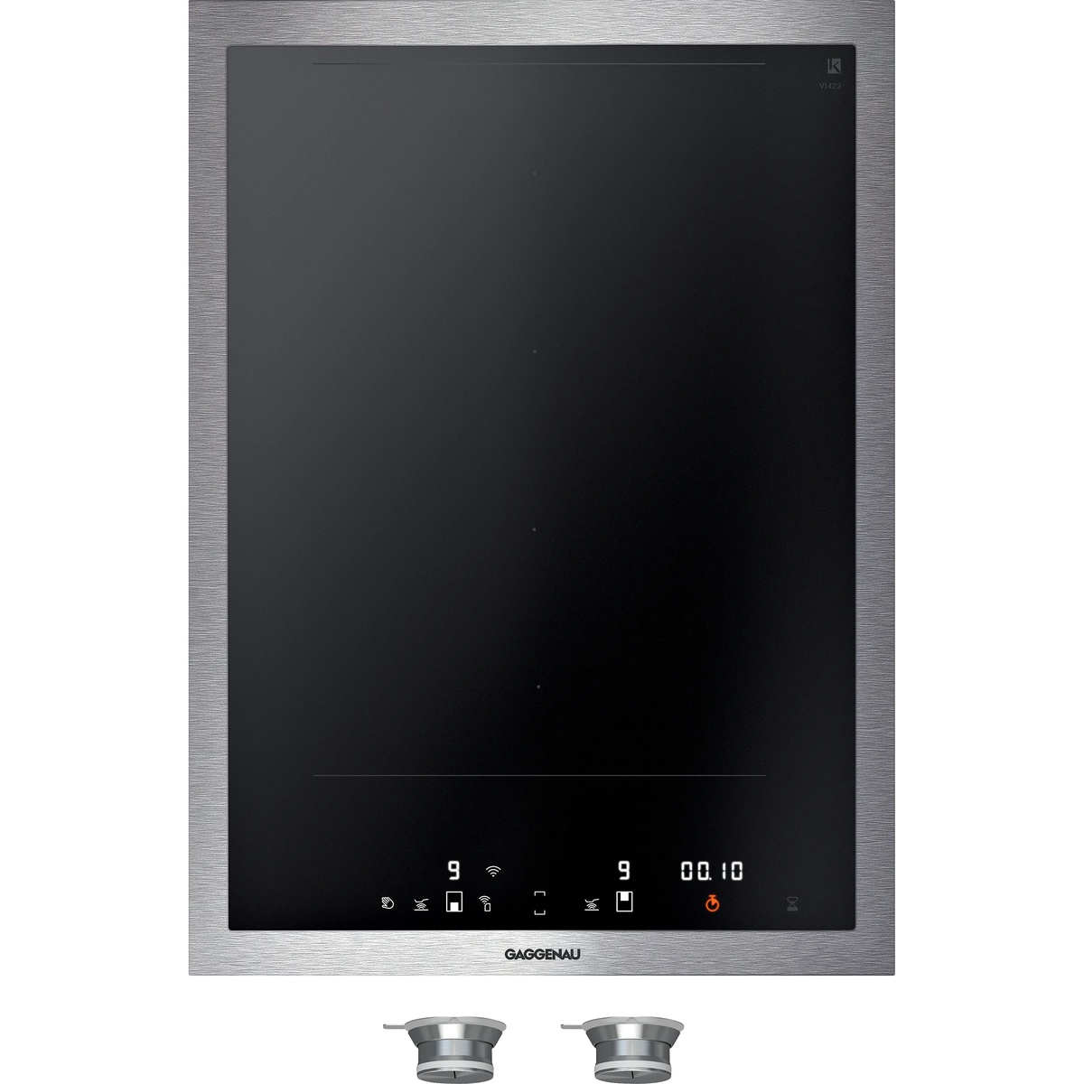 Gaggenau VI422613 15-inch Vario flex induction cooktop with black glass surface, stainless steel frame, touch control panel with digital display, and two detachable rotary knobs shown below the unit