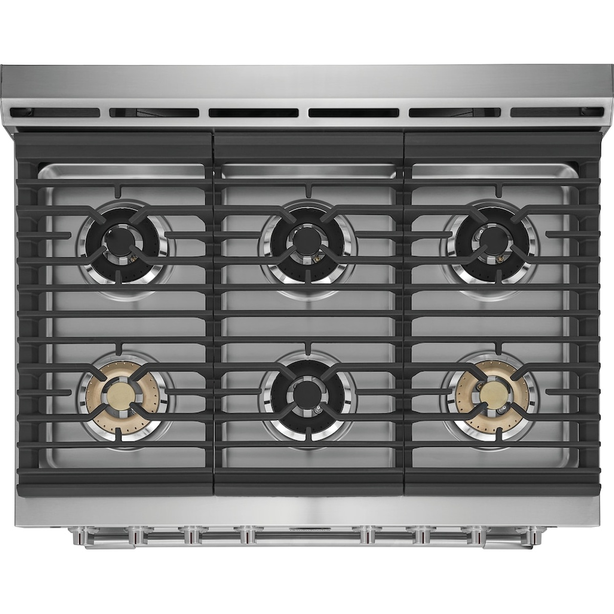 Top-down view of the range cooktop showing six gas burners with continuous grates