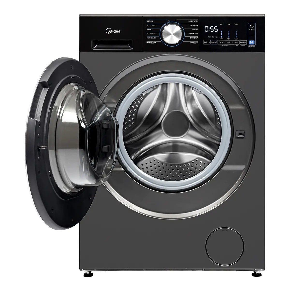 Midea MLHW31S2BBG front load washer with door open showing stainless steel drum interior and LED control panel