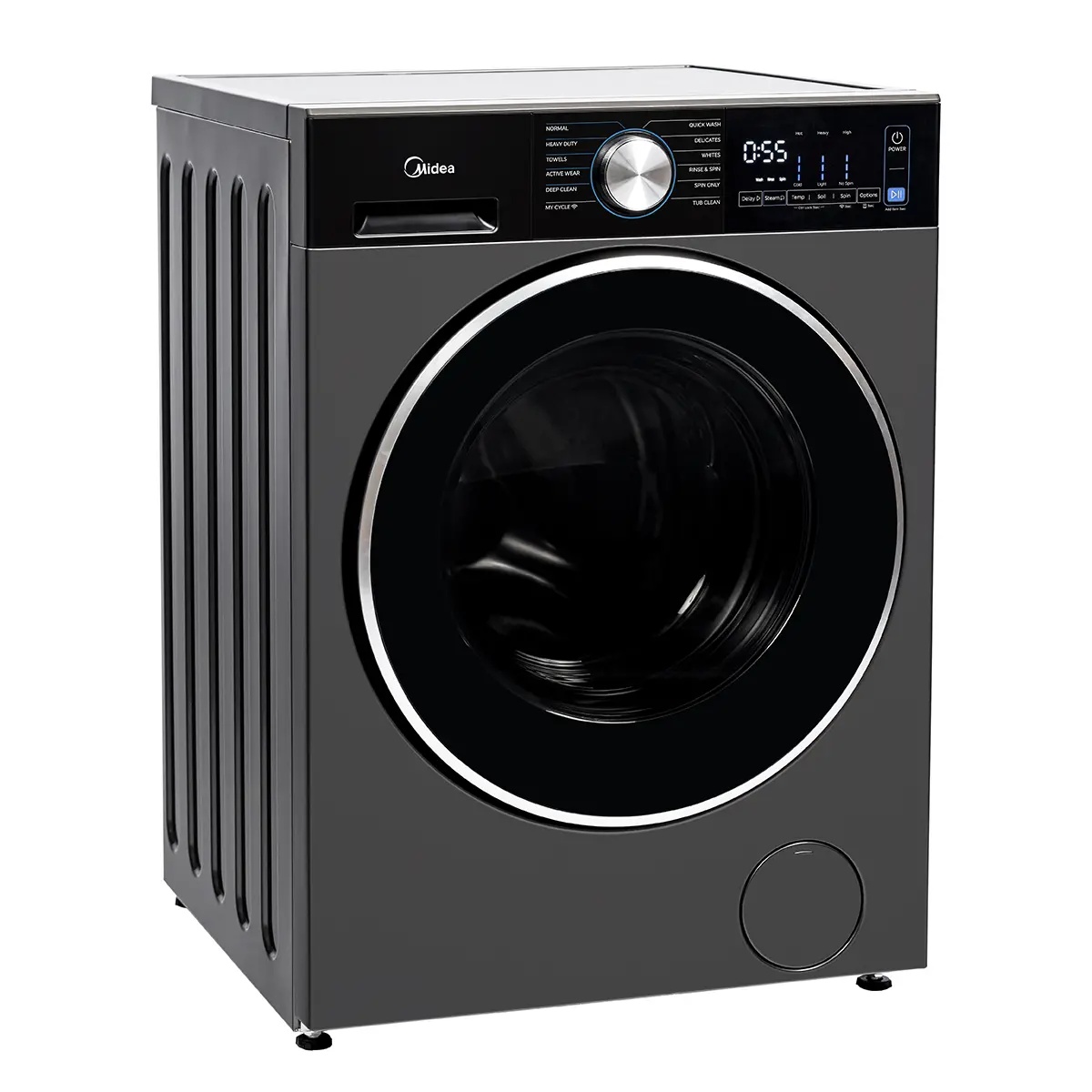 Midea MLHW31S2BBG compact front load washer shown from a left-angle view in metallic grey with LED control panel visible