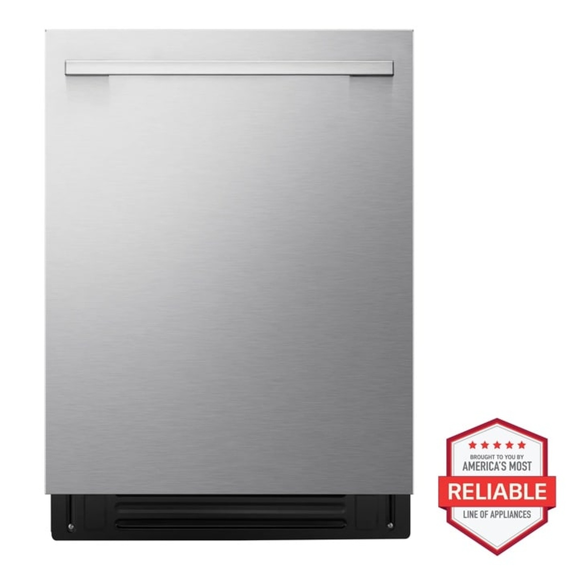 Front view of LG PrintProof stainless steel top-control dishwasher with bar handle