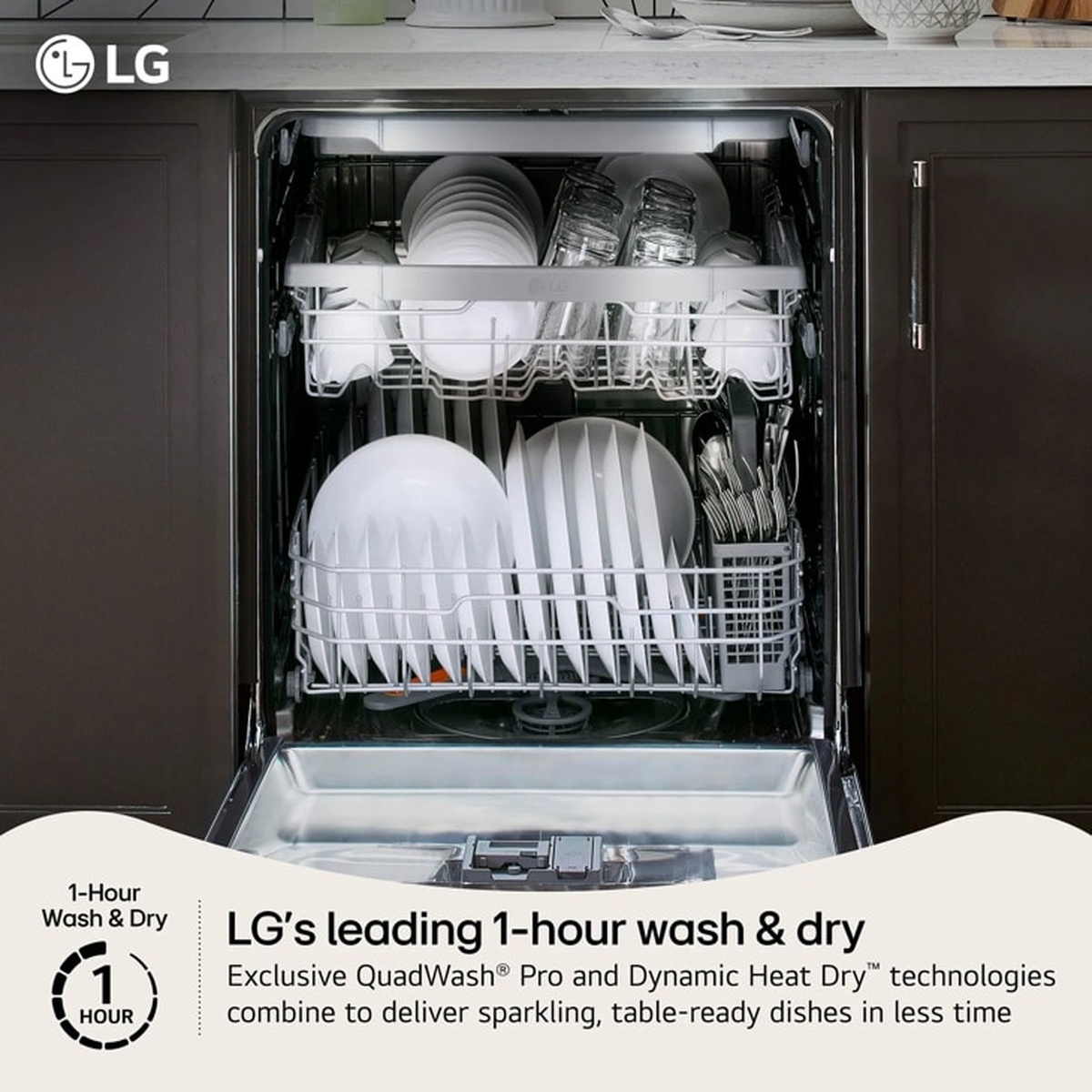 Open LG dishwasher fully loaded with dishes, showing rack layout and interior