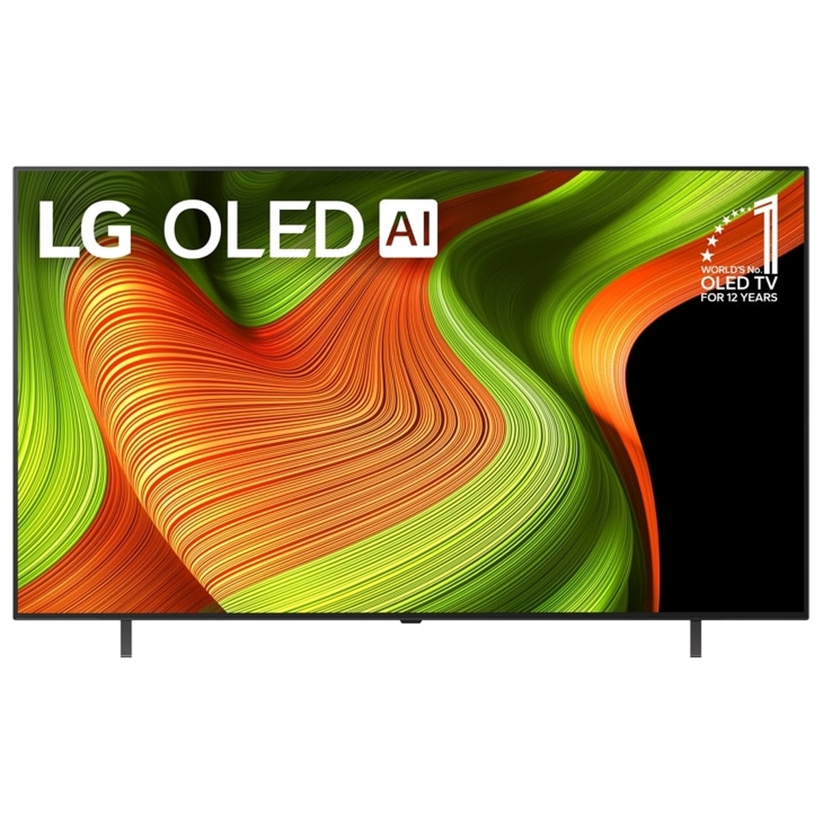 LG OLED AI B5 TV front view displaying the LG OLED AI logo and World's No.1 OLED TV for 12 Years badge on screen