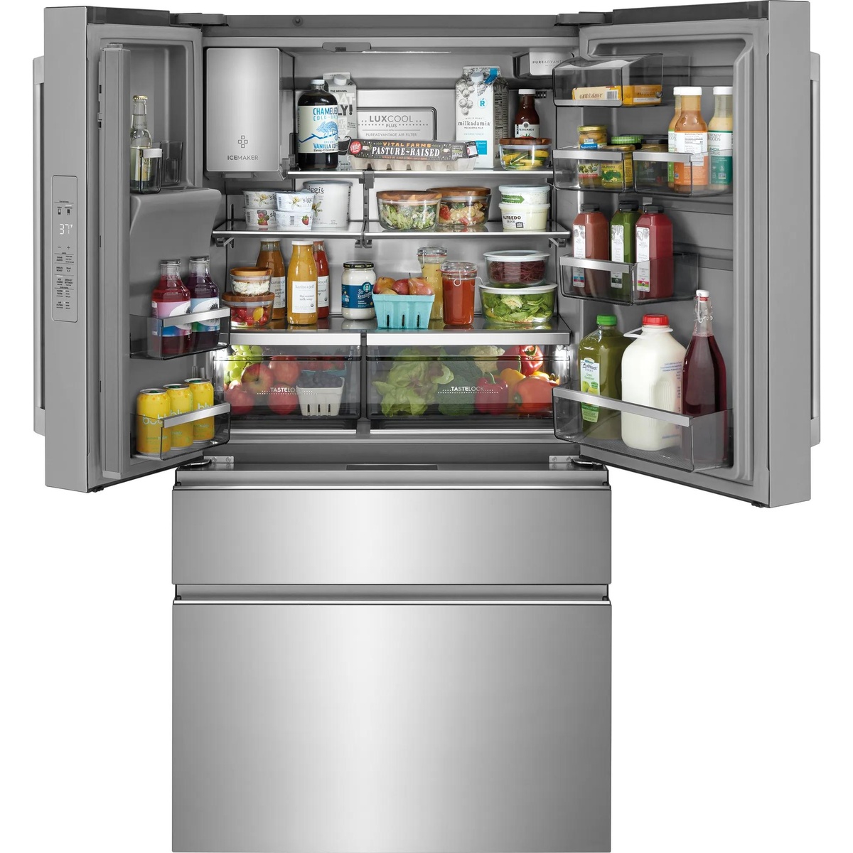 ERMC2295AS interior fully loaded with groceries, showing TasteLock crisper drawers, adjustable shelves, door bins, and LuxCool Plus label