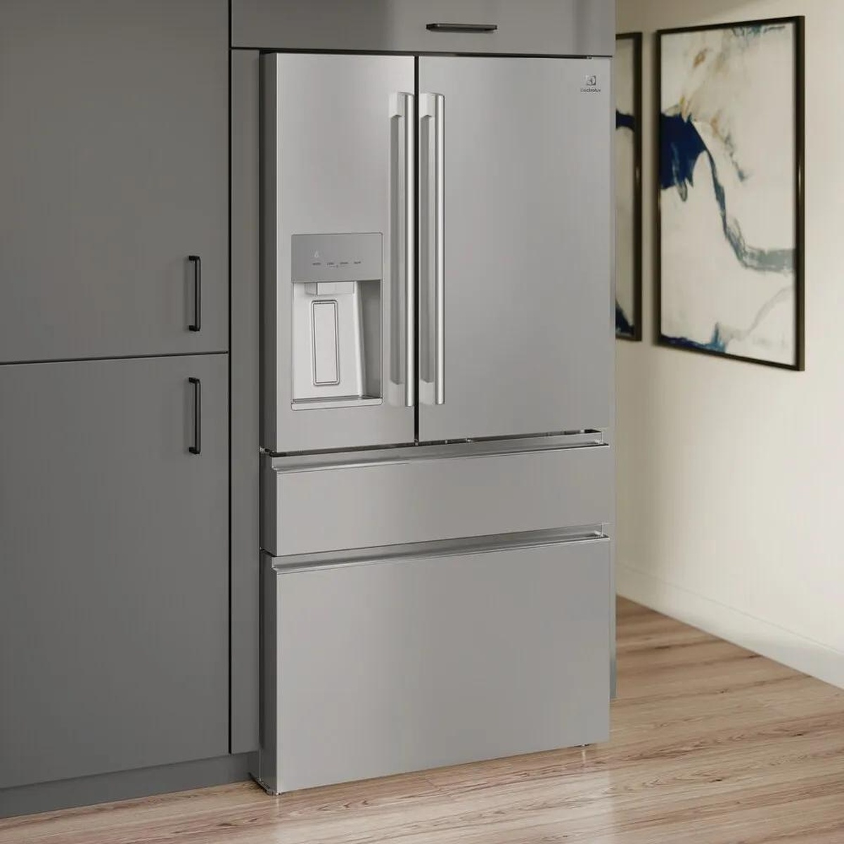 Electrolux ERMC2295AS stainless steel French door refrigerator installed flush with grey cabinetry in a modern kitchen