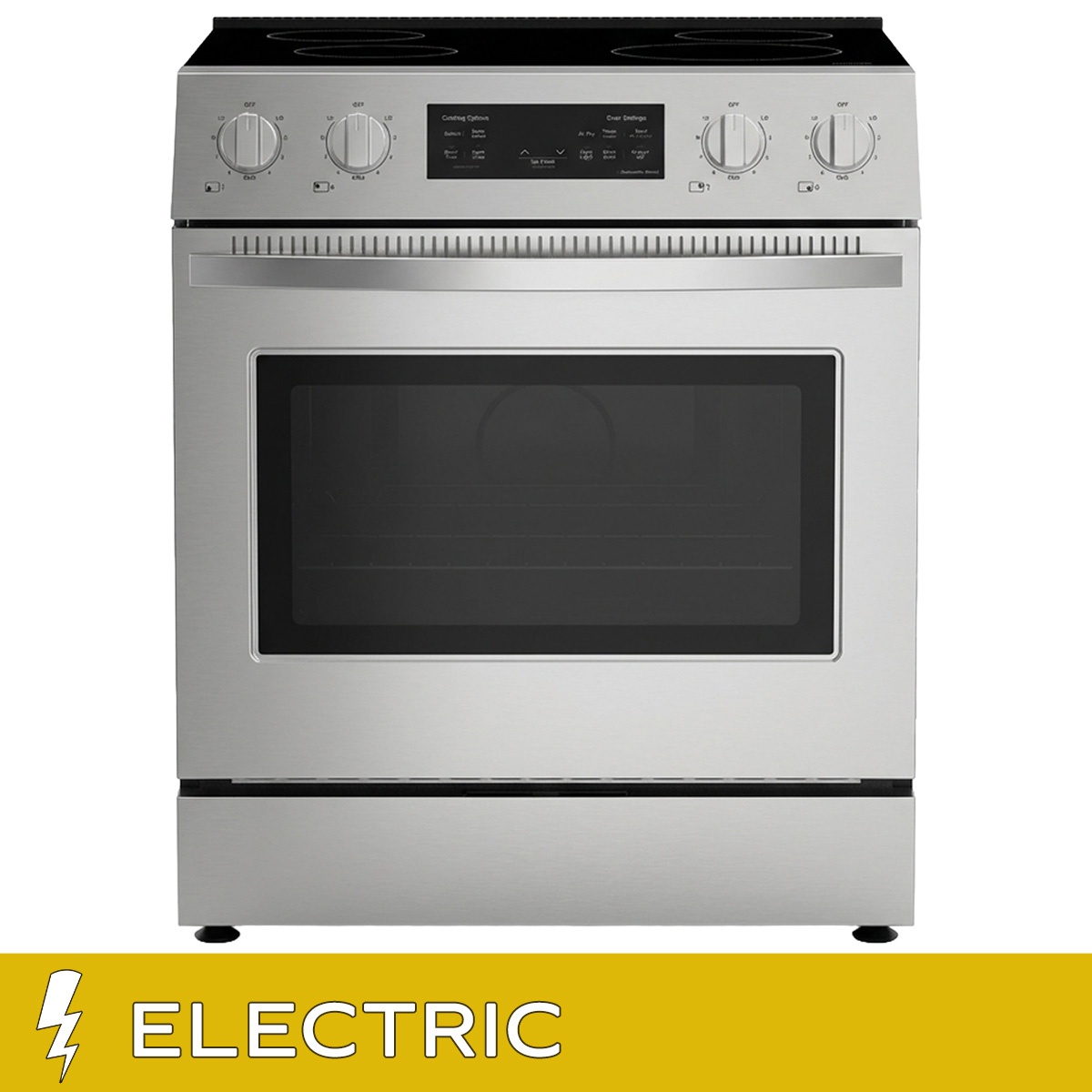 Front view of a stainless steel Kenmore slide-in electric range with front control knobs, digital control panel, and smooth ceramic glass cooktop