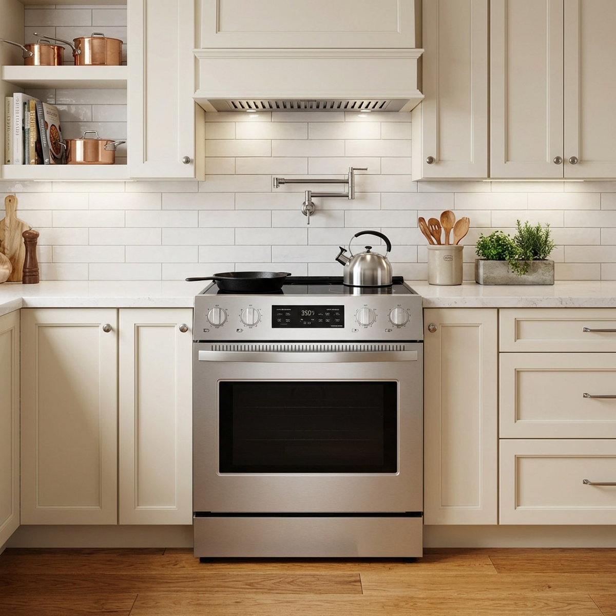 Kenmore stainless steel front-control electric range installed in a bright kitchen under a hood, with cookware on the smooth glass cooktop