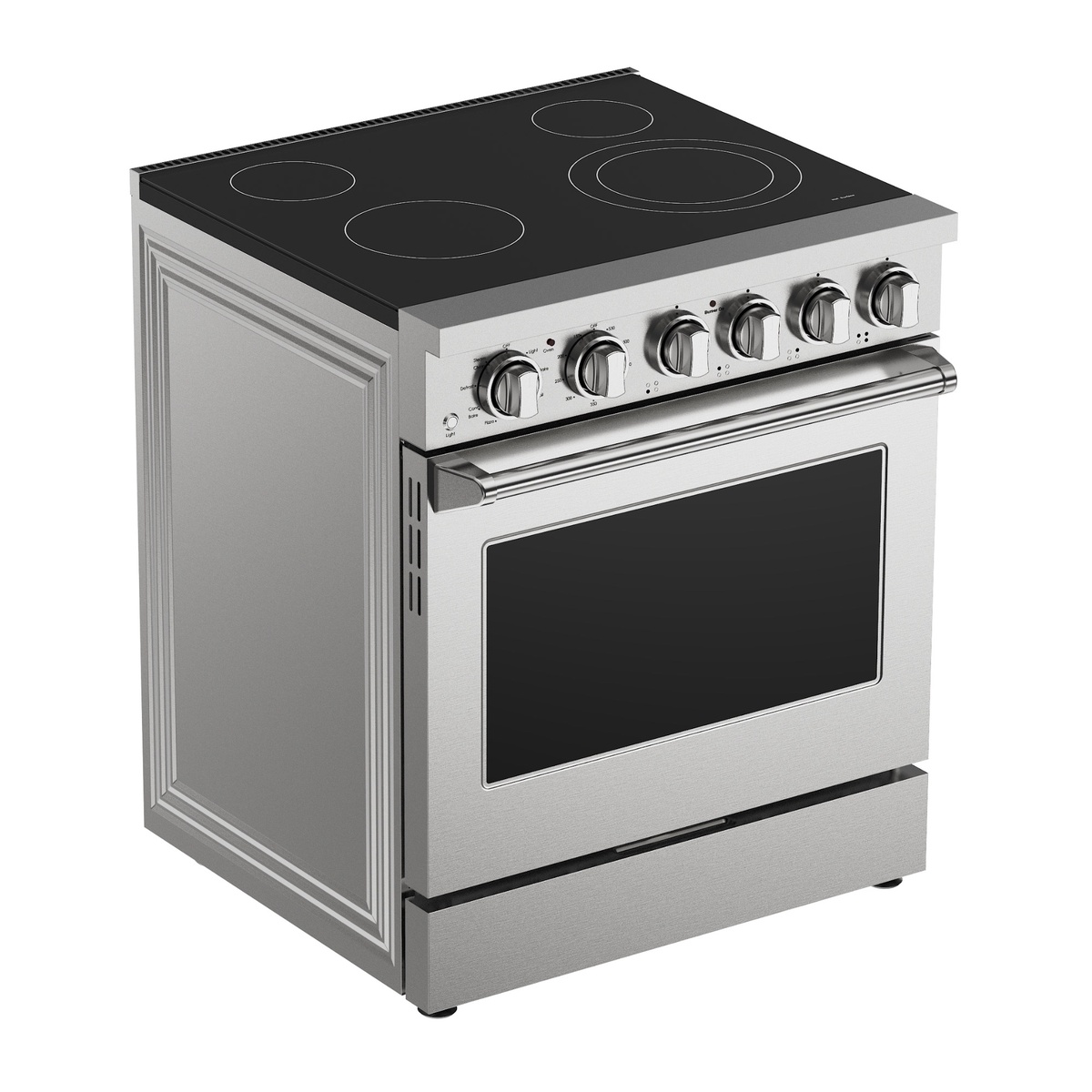 Angled view of a stainless steel front-control electric range with smooth cooktop and large oven window