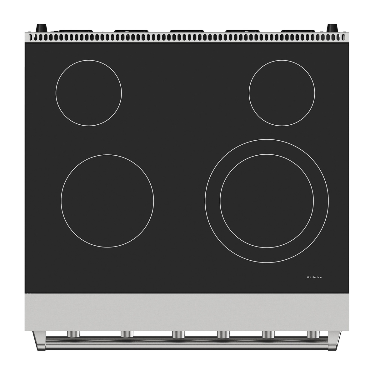 Top-down view of the black ceramic glass cooktop showing four radiant element outlines, including a dual-ring element