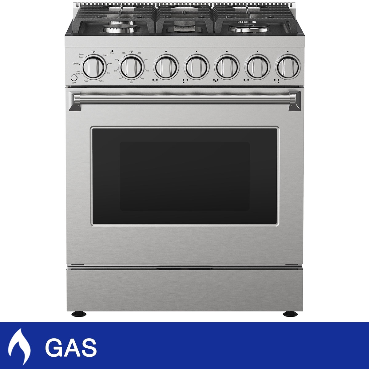 Front view of a stainless-steel Kenmore Pro gas range with front-mounted control knobs and large oven window