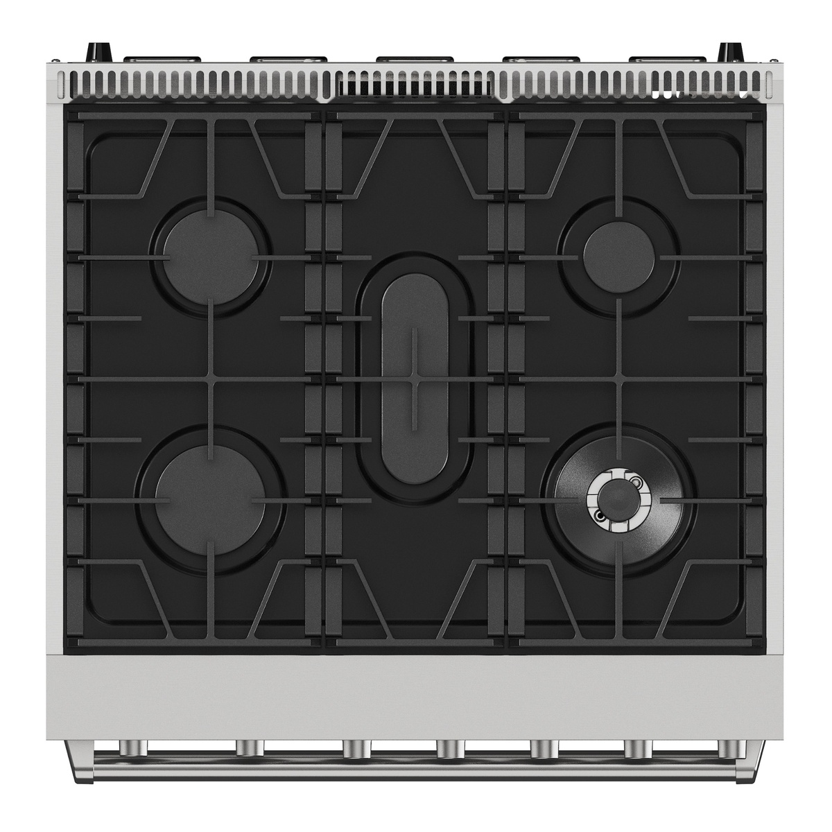 Top-down view of the gas cooktop showing five burners with cast-iron grates