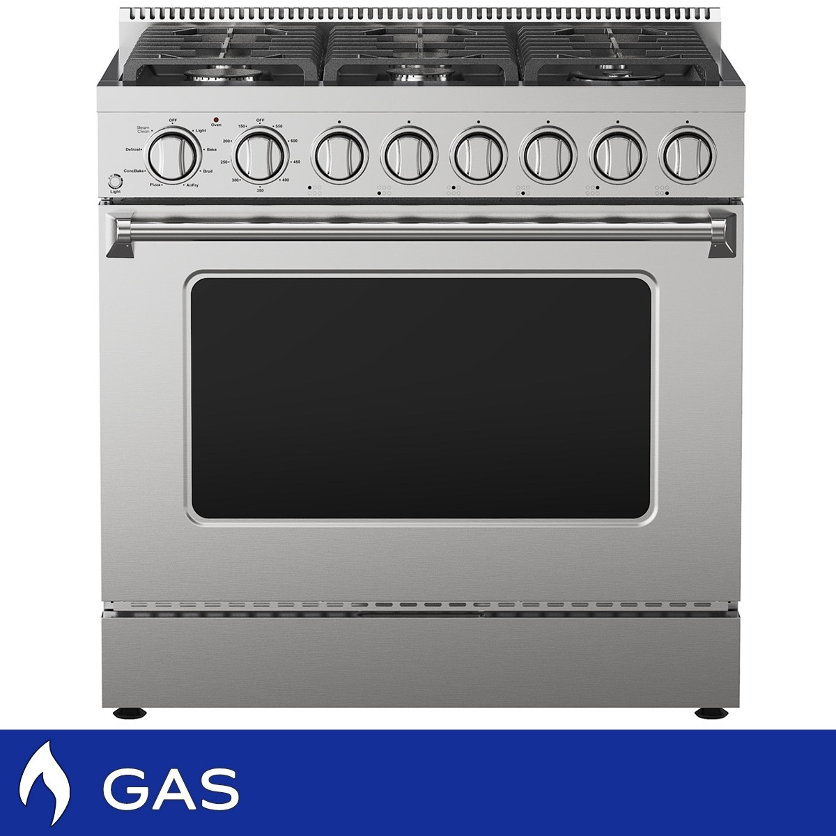 Front view of the Kenmore Pro stainless steel 36 inch front-control gas range with large oven window and control knobs