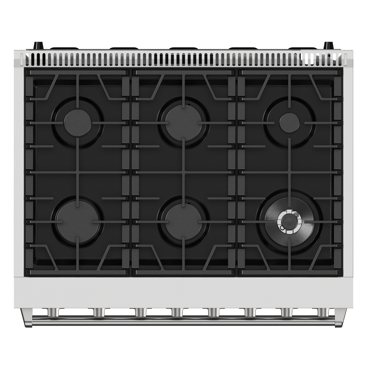 Top view of the Kenmore Pro gas cooktop showing six burners and cast iron grates