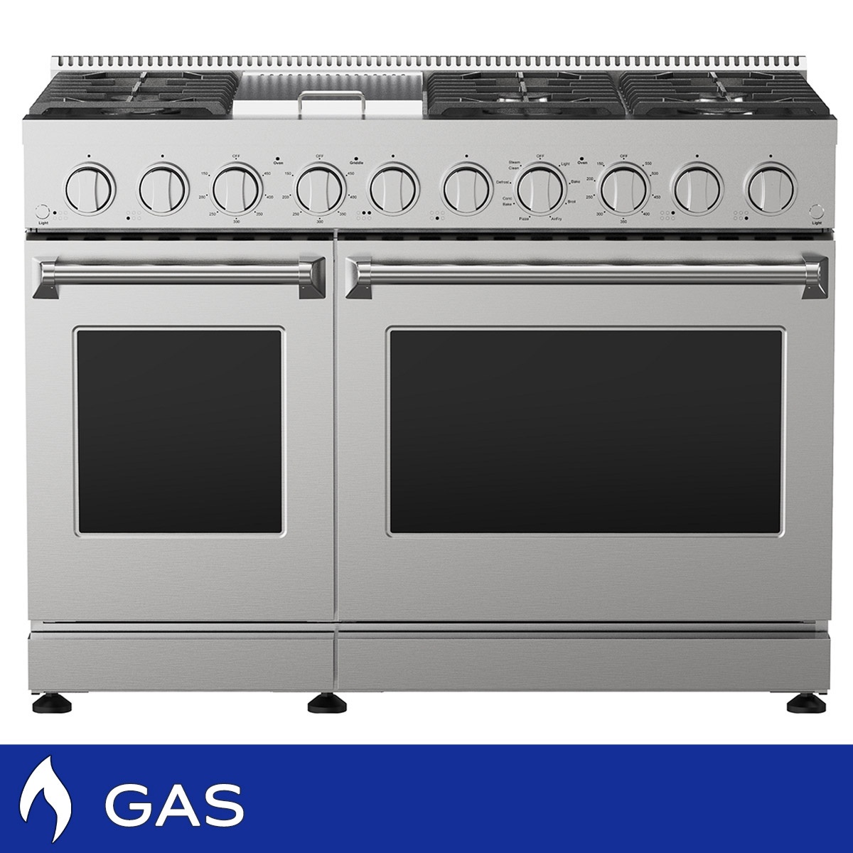 Front view of a stainless steel Kenmore Pro 48 inch dual oven gas range with control knobs and two oven doors
