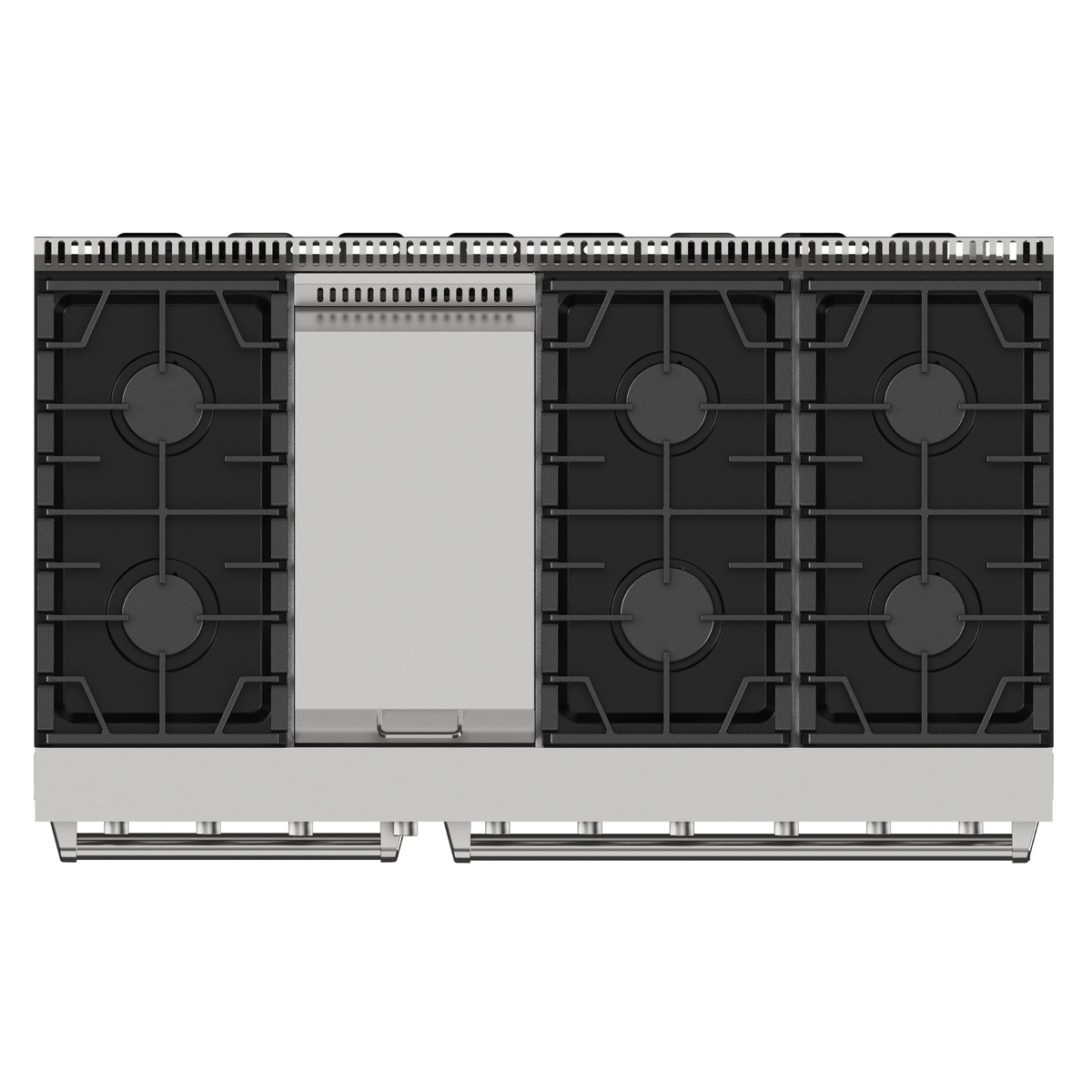 Top-down view of the Kenmore Pro gas cooktop with cast iron grates and multiple burners across a 48 inch surface