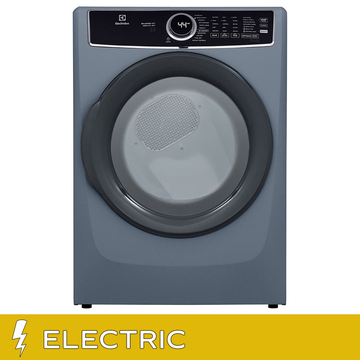 Front view of the Electrolux 6 Series blue electric front-load dryer with black door and top control panel