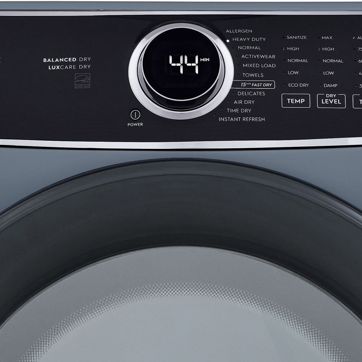 Close-up of the Electrolux dryer control panel showing the dial, display, and cycle selections including Instant Refresh and 15-Min Fast Dry