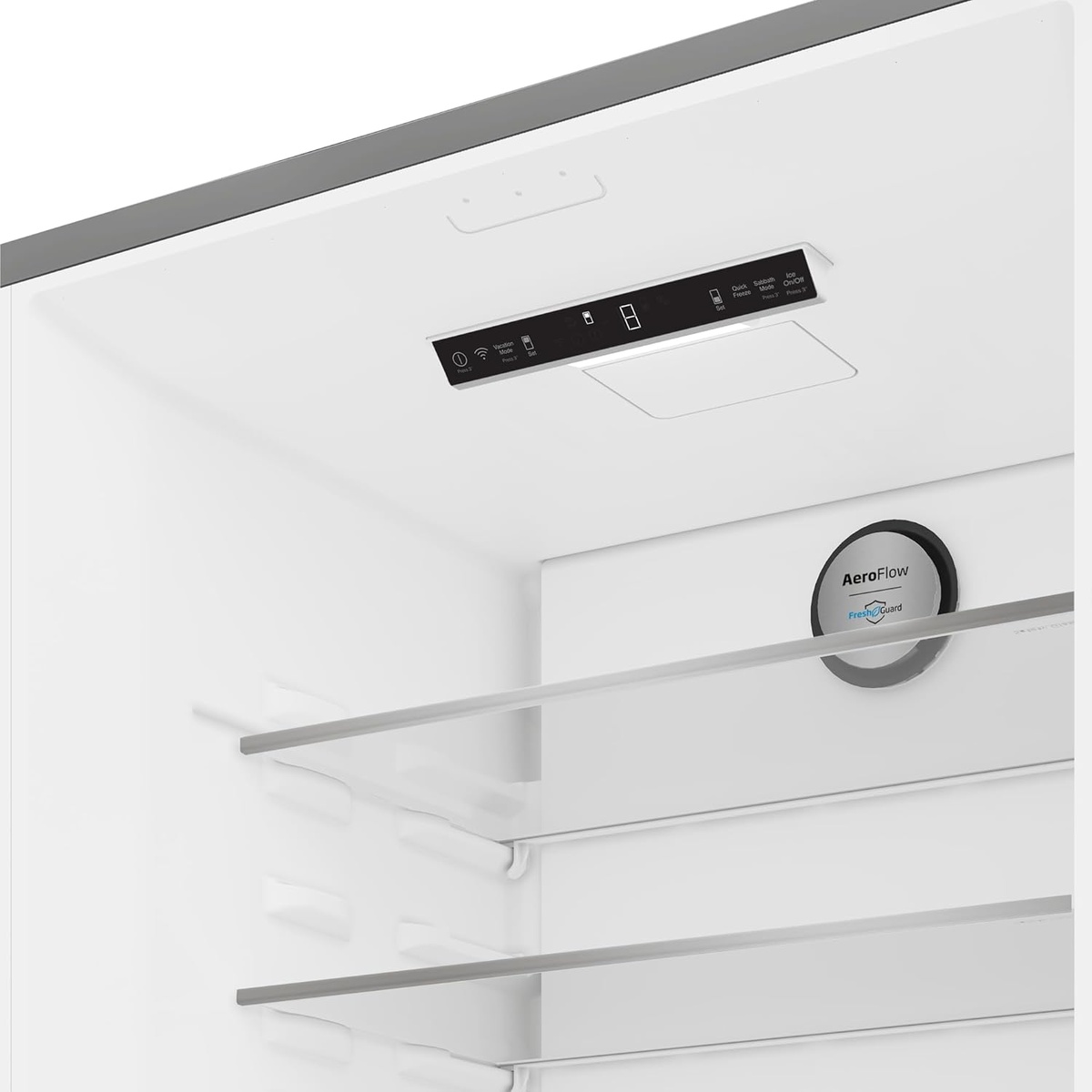 Close-up of Beko BFBF30116SSIM interior ceiling showing the ceiling-mounted electronic touch control panel with Vacation Mode and connectivity icons, alongside the AeroFlow and FreshGuard unit mounted on a glass shelf