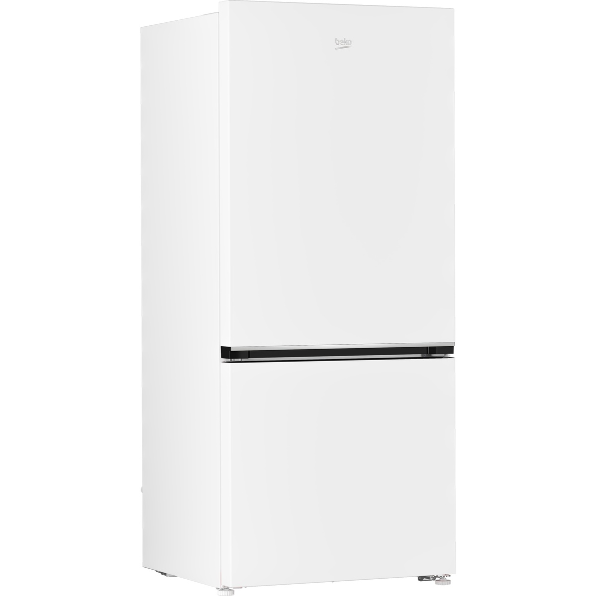 Beko BFBF30116WHIM white bottom freezer refrigerator shown from a side angle, highlighting its slim counter-depth profile and flush pocket handle design